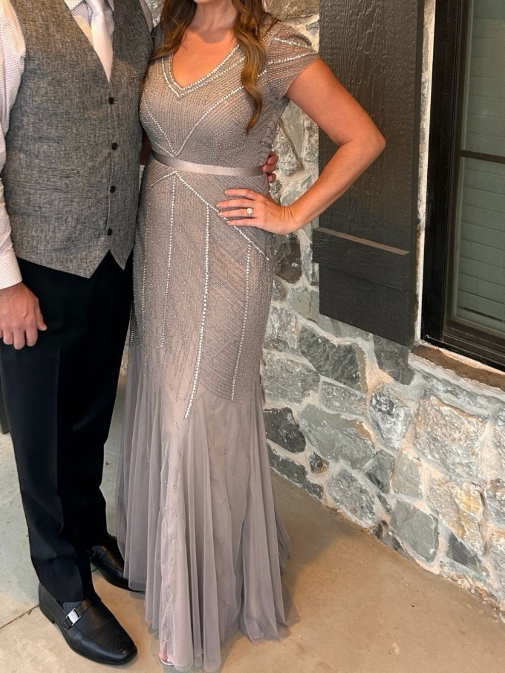 Adrianna Papell Gunmetal Beaded V‑Neck Maxi Dress